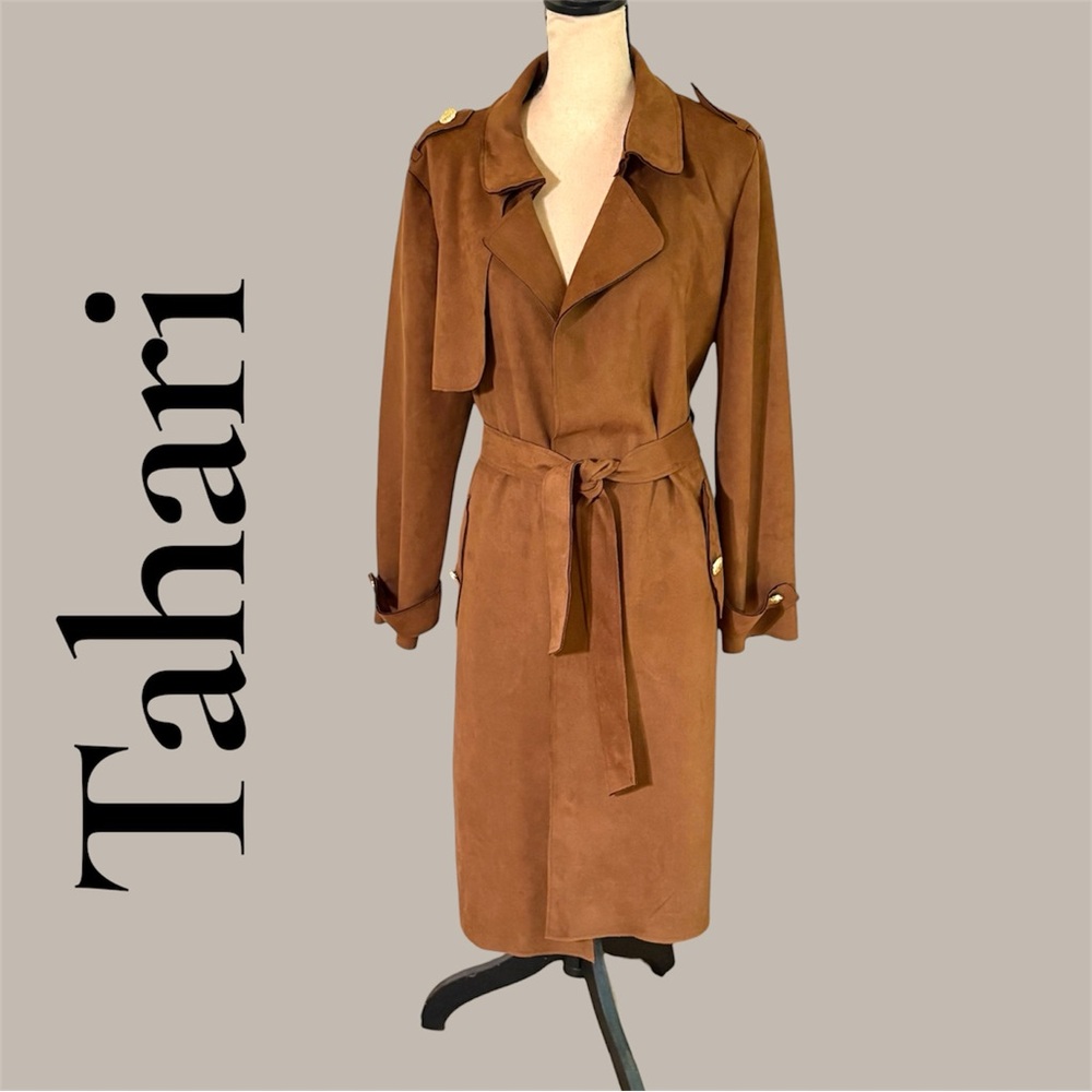 T Tahari Belted Faux Suede Congac Trench Coat w/gold buttons. Pockets. Large New